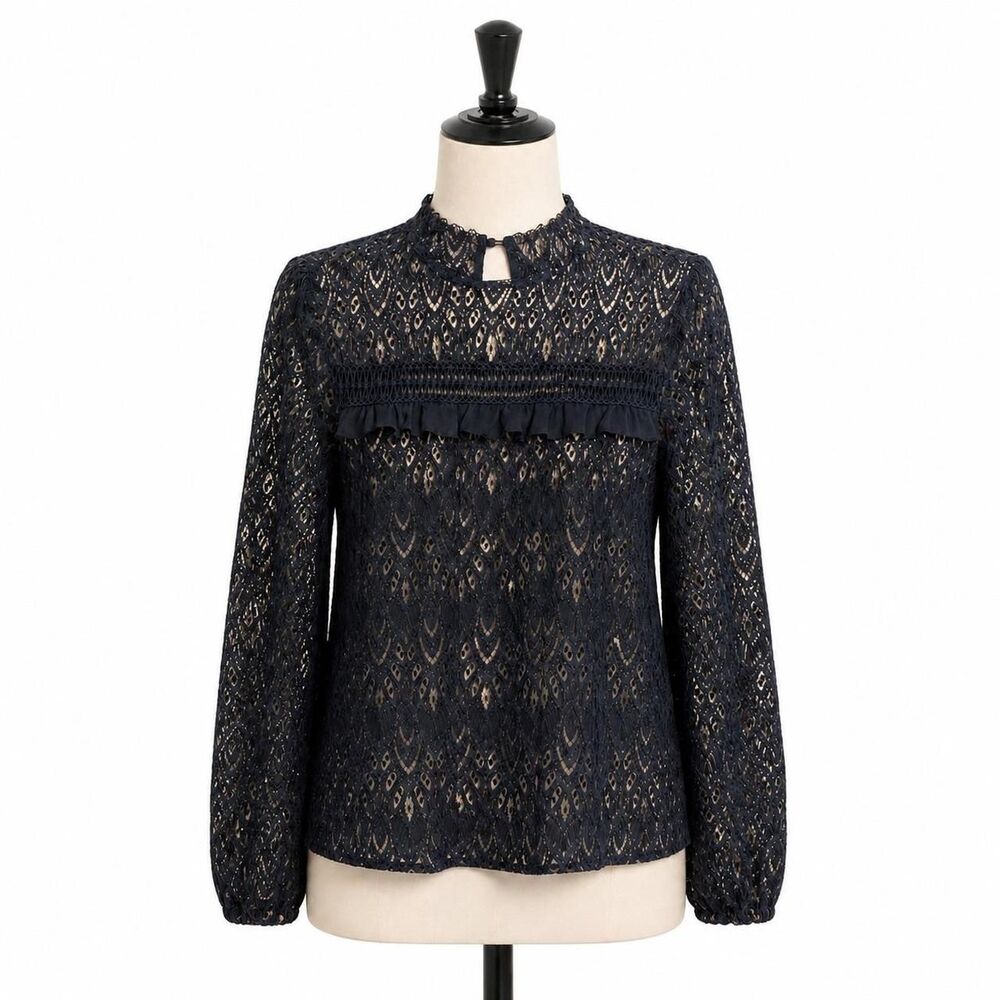 Blue Rain Women’s Small Black Lace Long Sleeve Ruffle Blouse Top